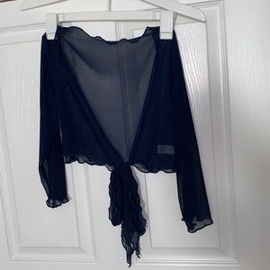 navy blue, cropped, mesh cover up/wrap/shirt with 3/4th sleeve